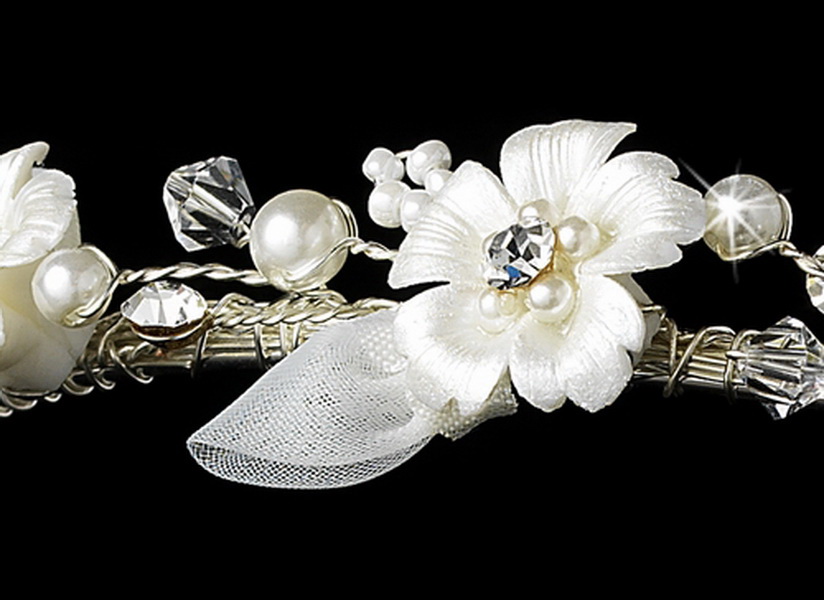 Elegance by Carbonneau HP-485-Ivory-Pearl Ivory Pearl & Rhinestone Flower Bridal Headband 485