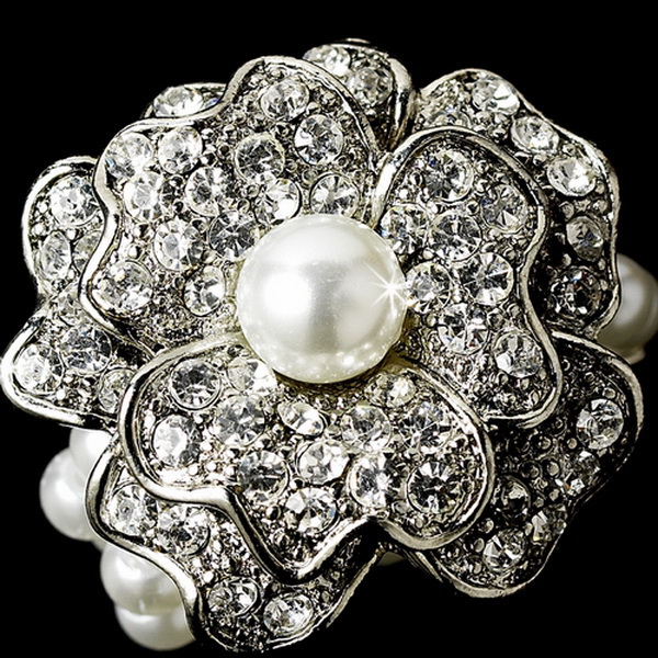 Elegance by Carbonneau Ring-7 Gorgeous Silver Clear Rhinestone & White Faux Pearl Stretch Ring 7