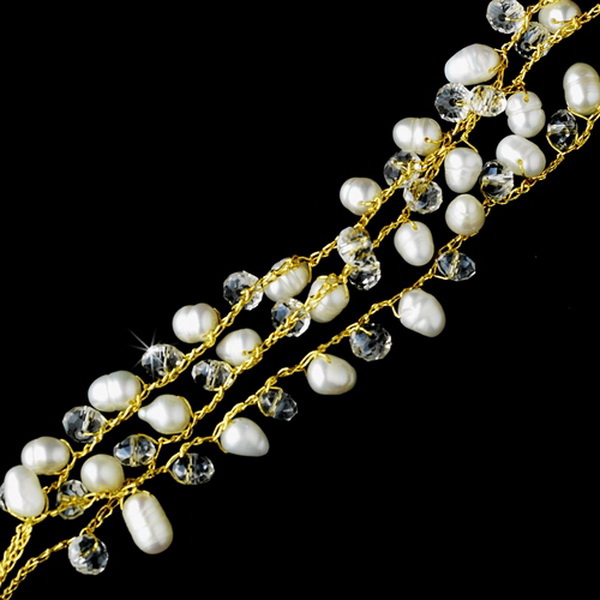Elegance by Carbonneau B-7829-Gold Gold Silk White Pearl Clear Crystal Bracelet 7829