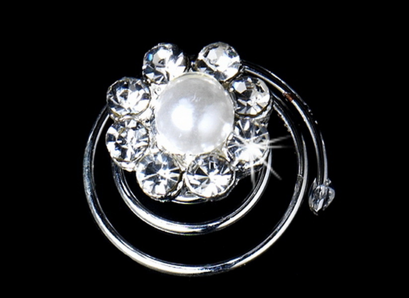 Elegance by Carbonneau Twist-KSP0132 24 Dreamy Silver Clear Rhinestone & White Pearl Flower Twist-Ins 0132