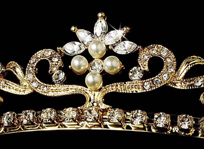 Elegance by Carbonneau HP-11109-Giv Gold and Ivory Pearl Bridal Tiara HP 11109