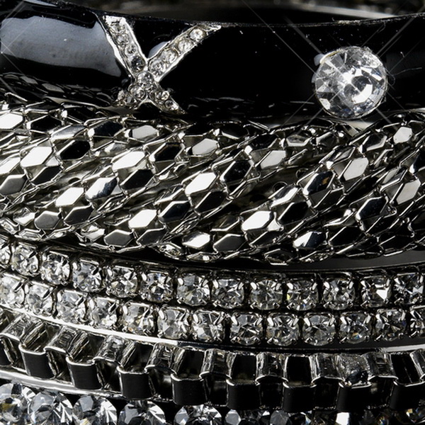 Elegance by Carbonneau B-8869-S-Black Silver & Black Rhinestone 6 Piece Bangle Bracelet Set 8869