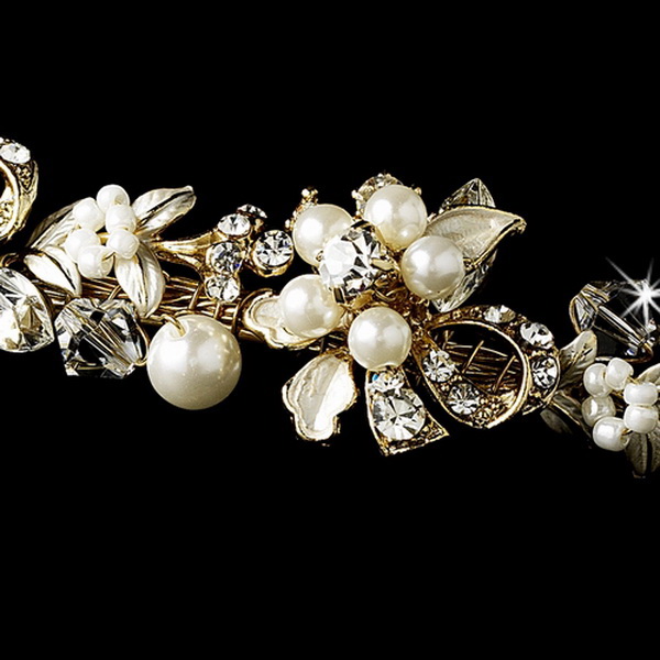 Elegance by Carbonneau HP-16488-Gold Elegant Gold Flower Leaf Garden Pearl Rhinestone Pearl Headband - HP 16488