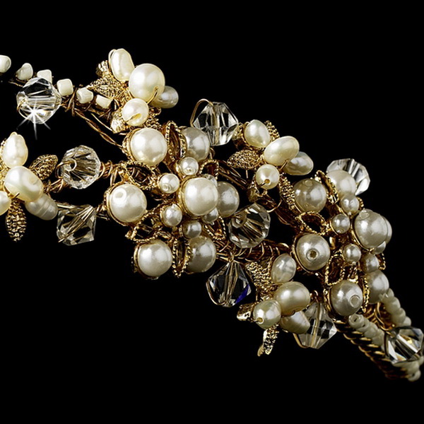 Elegance by Carbonneau HP-3040-G-Ivory Gold and Pearl Side Accented Floral Headband HP 3040