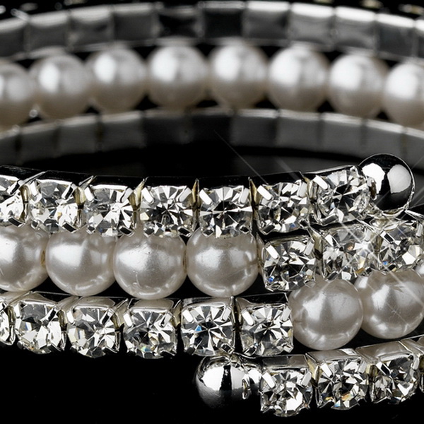 Elegance by Carbonneau B-81094 Stunning Silver Rhinestone & Ivory Pearl Coil Bracelet 81094