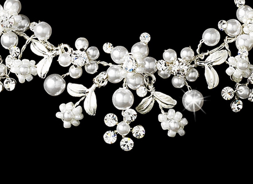 Elegance by Carbonneau Set-NE8001-HP6443 Pearl & Crystal Bridal Necklace Earring & Tiara Set