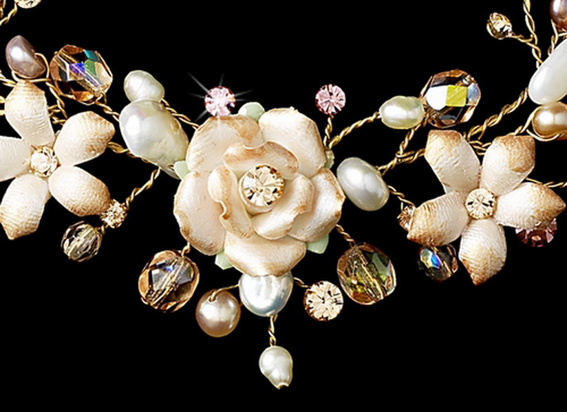 Elegance by Carbonneau Set-NE8142-HP8142 Gold & Antique Pink Crystal Bridal Necklace Earring & Tiara Set 8142