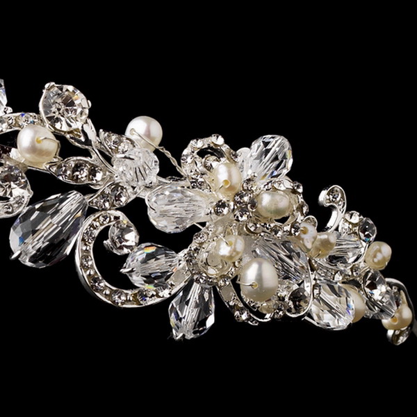 Elegance by Carbonneau HP-902-S-Ivory Silver Clear Crystal & Pearl Side-Accented Heandband Headpiece 902