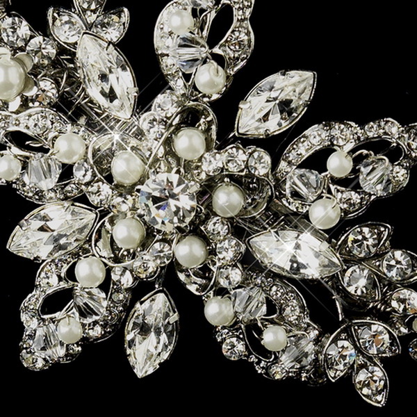 Elegance by Carbonneau Clip-1773-AS-DW Antique Silver Clear Crystal & Diamond White Pearl Clip 1773