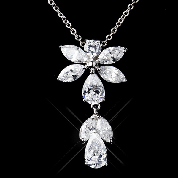 Elegance by Carbonneau NE-9971-AS-Clear Antique Rhodium Silver CZ Crystal Flower Drop Necklace & Earrings Jewelry Set 9971