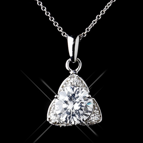 Elegance by Carbonneau NE-9979-SS-Clear Solid 925 Sterling Silver CZ Crystal Triangle Pendent Drop Necklace & Earrings Jewelry Set 9979