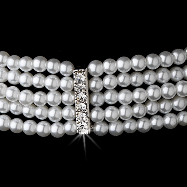 Elegance by Carbonneau N-602-Silver-White 5 Row Choker Pearl Necklace N 602 Silver White