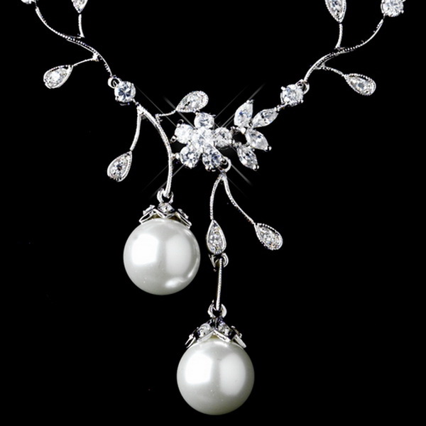 Elegance by Carbonneau N-3870-AS-DW Antique Rhodium Silver Clear CZ Crystal & Diamond White Pearl Drop Necklace 3870