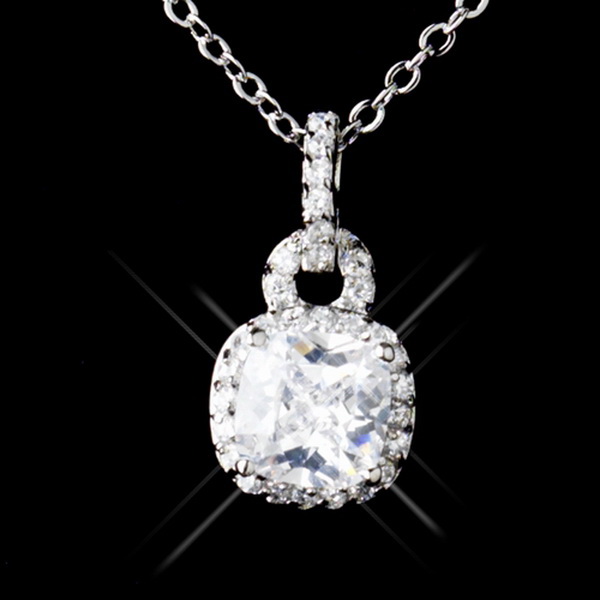 Elegance by Carbonneau N-8574-AS-Clear Antique Rhodium Silver Clear CZ Princess Cut Square Pave Drop Necklace 8574