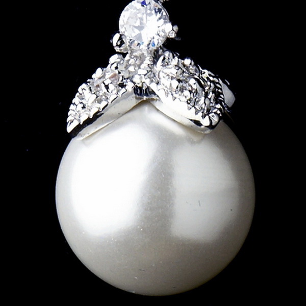 Elegance by Carbonneau E-8675-AS-DW Silver CZ Crystal & Diamond White Pearl Dangle Drop Bridal Earrings 8675