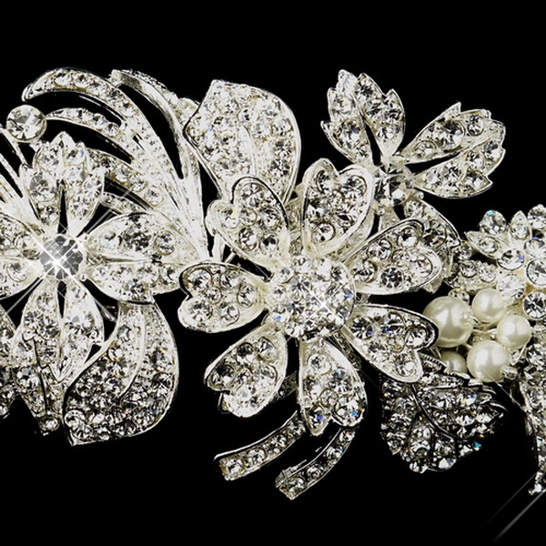 Elegance by Carbonneau HP-963-S-Ivory Silver Ivory Pearl & Crystal Flower Side Accented Headband Headpiece 963