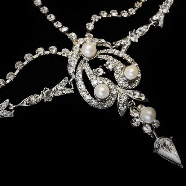 Elegance by Carbonneau Antique Rhodium Silver Diamond White Pearl & Rhinestone Forehead Headpiece 1867