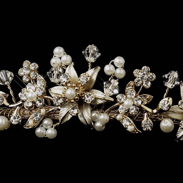 Elegance by Carbonneau HP-7762-G-Ivory Gold Ivory Pearl Starfish Bridal Tiara Headpiece 7762