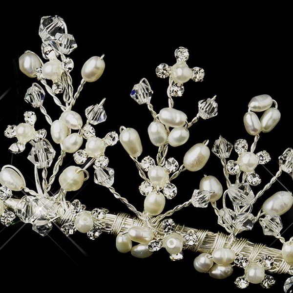 Elegance by Carbonneau HP-2708-S-Ivory Silver Swarovski Crystal Bead & Freshwater Pearl Bridal Tiara Headpiece 2708