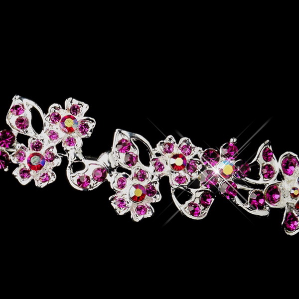 Elegance by Carbonneau HP-8233-S-Fuchsia Silver Fuchsia & AB Rhinestone Flower Bridal Headpiece 8233
