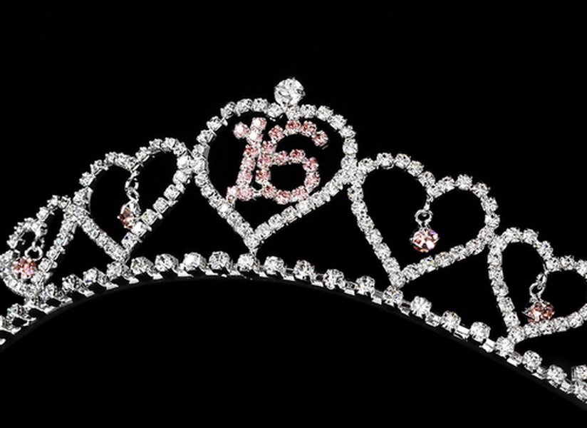 Elegance by Carbonneau HP-460-Pink-16 Sweet 16 Silver Plated Tiara Covered in Clear & Pink Rhinestones 460