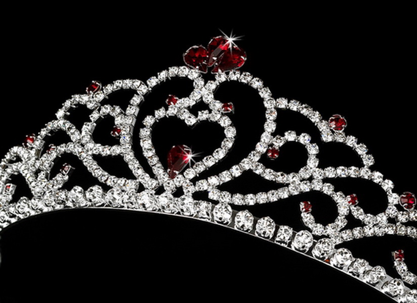 Elegance by Carbonneau HP-516-Silver-Red Regal Rhinestone Heart Princess Tiara in Silver with Red Accents 516