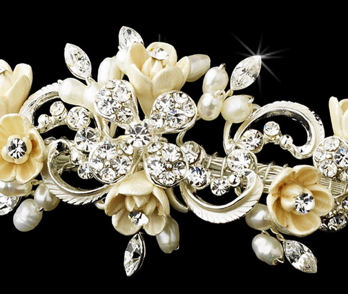 Elegance by Carbonneau hp-7539-s-champagne Silver Floral Rhinestone Champagne Elegance Bridal Pearl Headband 7539