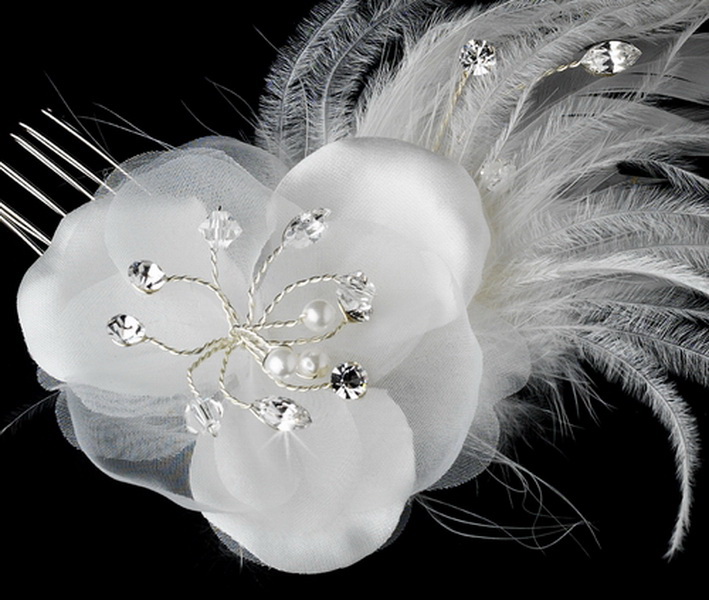 Elegance by Carbonneau Comb-1533 Feather Fascinator White or Ivory Comb 1533
