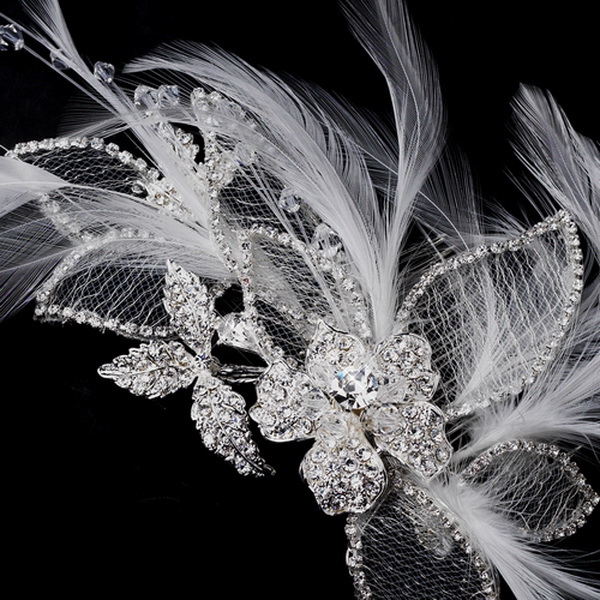 Elegance by Carbonneau Clip-Comb-911-S-White Silver and White Feather Crystal Rhinestone Bridal Hair Comb or Clip 911