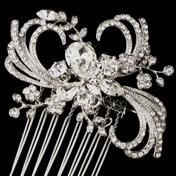Elegance by Carbonneau Comb-926-AS-Clear Antique Silver Clear Crystal & Rhinestone Ribbon Swirl Hair Comb 926