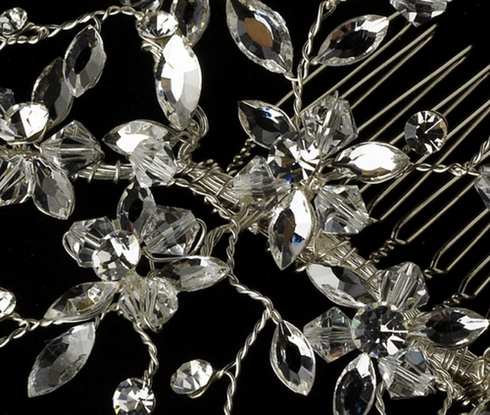Elegance by Carbonneau Comb-8323-Silver Elegant Rhinestone & Swarovski Crystal Floral Spray Bridal Hair Comb 8323