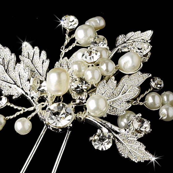Elegance by Carbonneau Pin-1129-Silver-Pearl Silver Floral Vine Bridal Hair Pin 1129 Diamond White