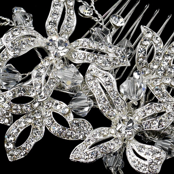 Elegance by Carbonneau Comb-9651-S-Clear Silver Clear Rhinestone & Crystal Bead Floral Hair Comb 9651