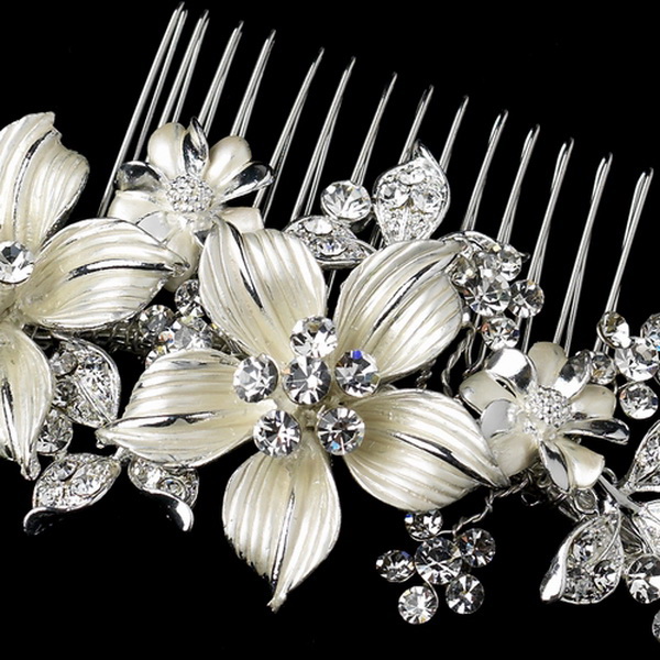 Elegance by Carbonneau Comb-9652-S-Clear Silver Clear Rhinestone Leaf Floral Flower Comb 9652