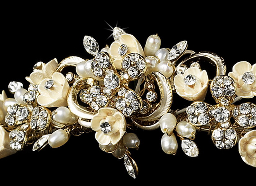 Elegance by Carbonneau HP-7539-Gold-Champagne-Rum Floral Rhinestone Champagne Elegance Bridal Pearl Headband - HP 7539 Gold