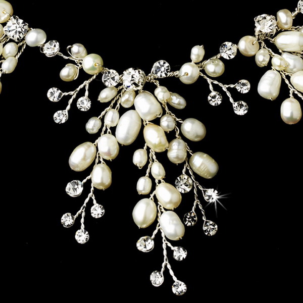 Elegance by Carbonneau NE-8470 Stunning Silver Clear Crystal & Ivory Freshwater Pearl Necklace & Earring Set 8470