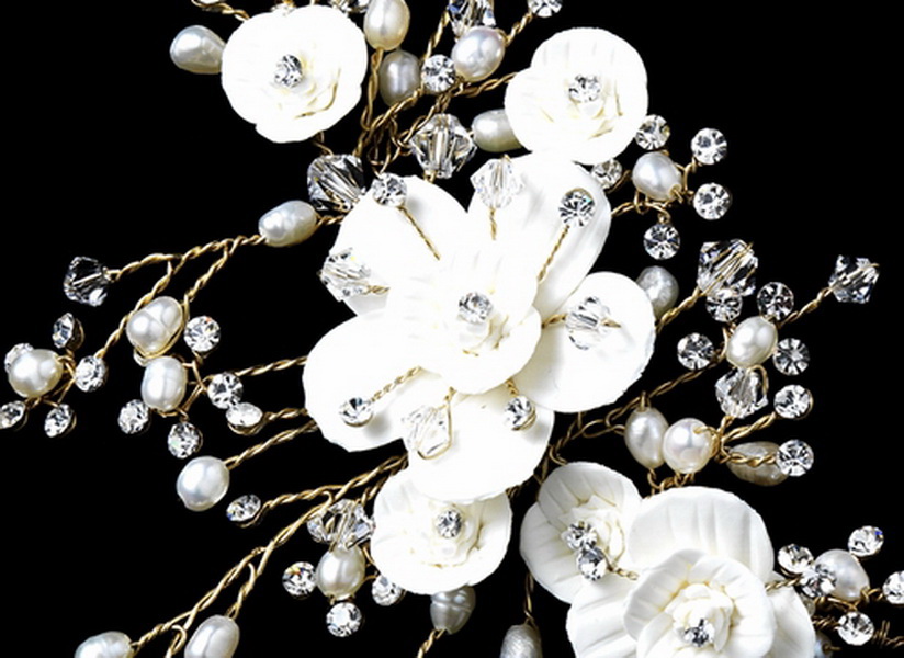 Elegance by Carbonneau NE-1015-G Beautiful Crystal, Porcelain & Pearl Bridal Jewelry Set NE 1015