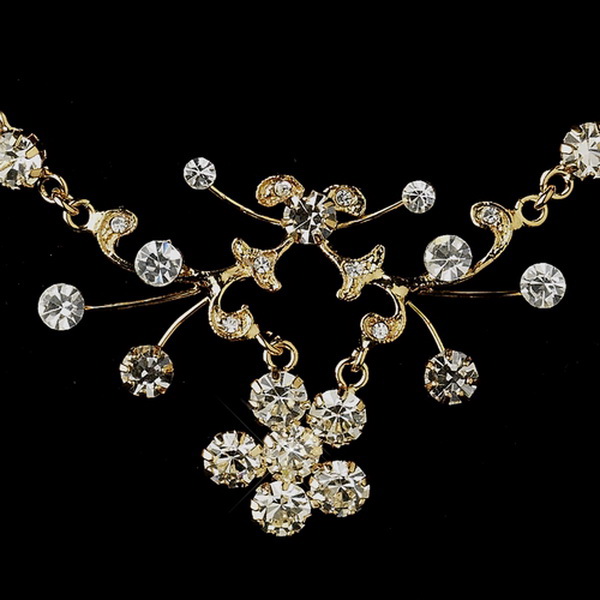 Elegance by Carbonneau NE-8215-G-Clear Gold Clear Rhinestone Floral Vine Necklace & Chandelier Earrings Bridal Jewelry Set 8215