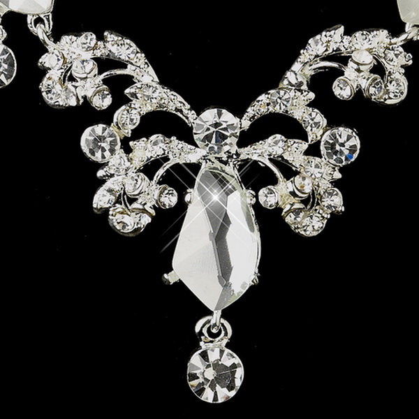 Elegance by Carbonneau NE-8216-S-Clear Silver Clear Rhinestone Floral Vine Necklace & Earrings Bridal Jewelry Set 8216