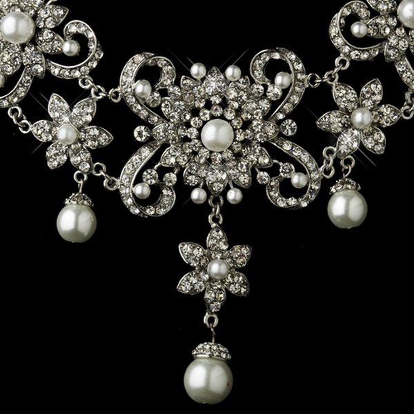 Elegance by Carbonneau NE-8733-AS-White Antique Silver White Pearl Flower Necklace & Earrings Bridal Jewelry Set 8733