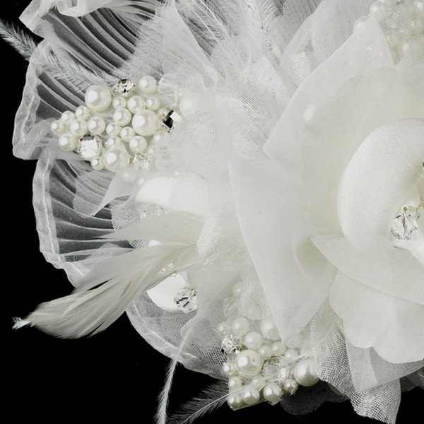 Elegance by Carbonneau Clip-3539 Ivory Flower Feather Fascinator Hair Clip 3539 or Bridal Brooch (Pin Included on Back) Ivory or White