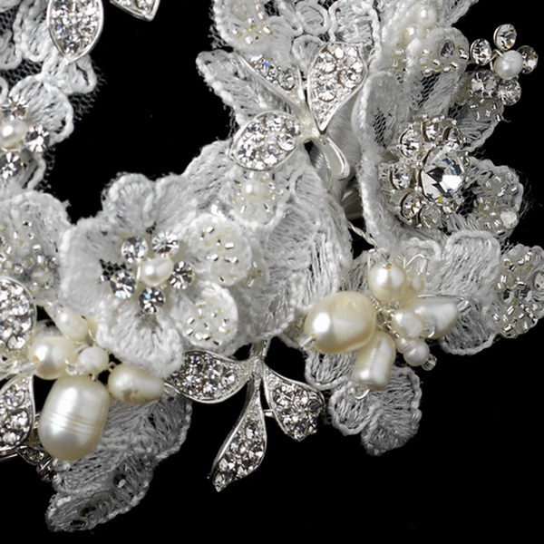 Elegance by Carbonneau Clip-9634 Silver Fabric Freshwater Pearl & Rhinestone Flower Hair Clip 9634