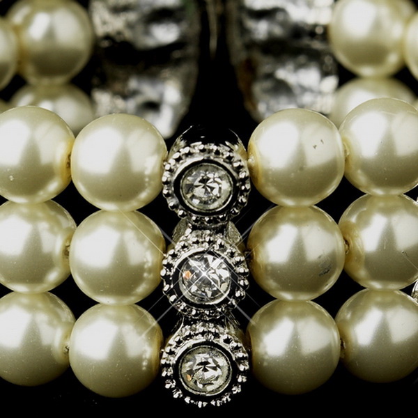 Elegance by Carbonneau B-721-AS-Ivory Antique Silver Ivory Pearl & Rhinestone Bridal Cuff Bracelet 721