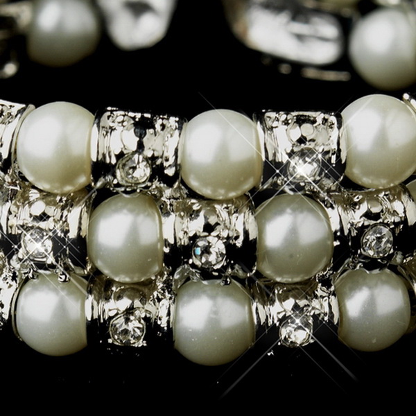 Elegance by Carbonneau B-723-AS-Ivory Antique Silver Ivory 3 Row Pearl & Rhinestone Cuff Bridal Bracelet 723