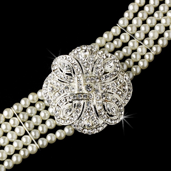 Elegance by Carbonneau B-600 Classic Silver Clear Crystal & Pearl Bridal Bracelet 600 Silver Ivory