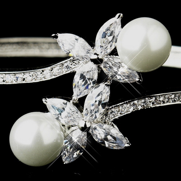 Elegance by Carbonneau B-2546-S-White Silver White Pearl & Marquise CZ Crystal Bridal Bangle Bracelet 2546