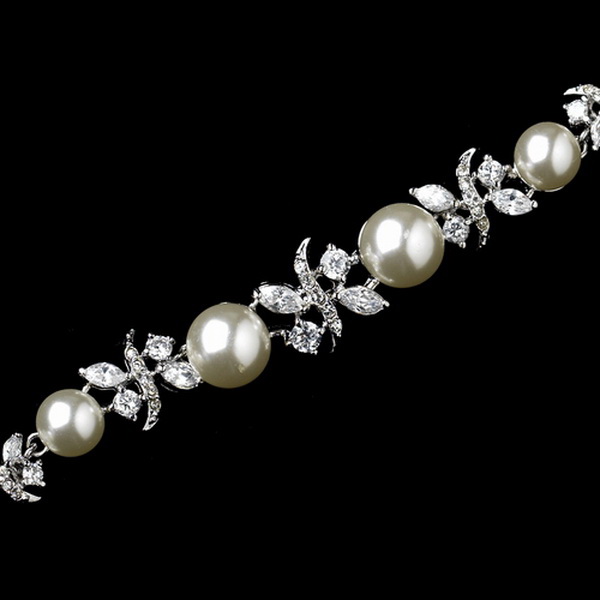 Elegance by Carbonneau B-8765-AS-DW Cubic Zirconia Butterfly & Ivory Pearl Tennis Bridal Bracelet in Silver 8765