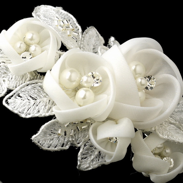 Elegance by Carbonneau HP-9624-S-Ivory Ivory Floral Side Accented Bridal Headband in Silver 9624