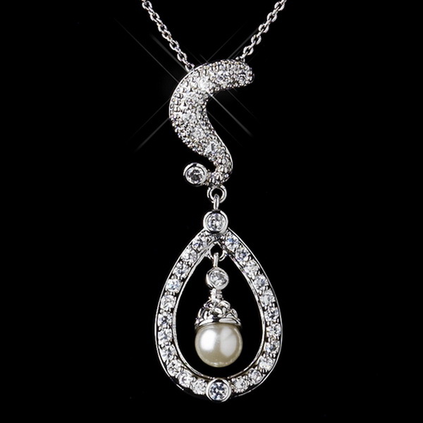Elegance by Carbonneau N-9255-S-DW Silver Clear CZ Crystal & Diamond White Pearl Kate Middleton Wedding Necklace 9255