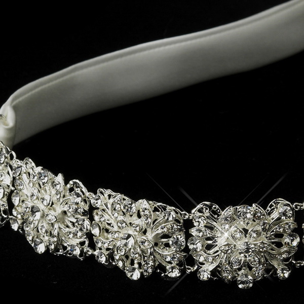 Elegance by Carbonneau HP-6473 Silver Crystal Bridal Ribbon Bridal Headband Headpiece 6473